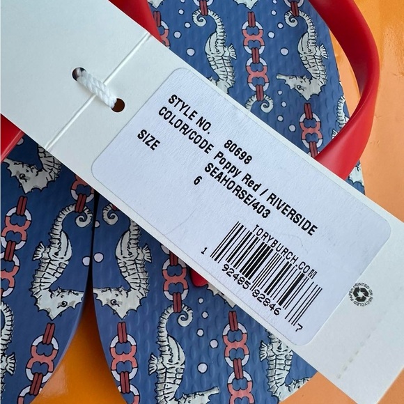 NWT Tory Burch Thin Flip Flop Sandals Poppy Red Seahorse PVC/EVA Gold Logo Sz 6 - Picture 6 of 6